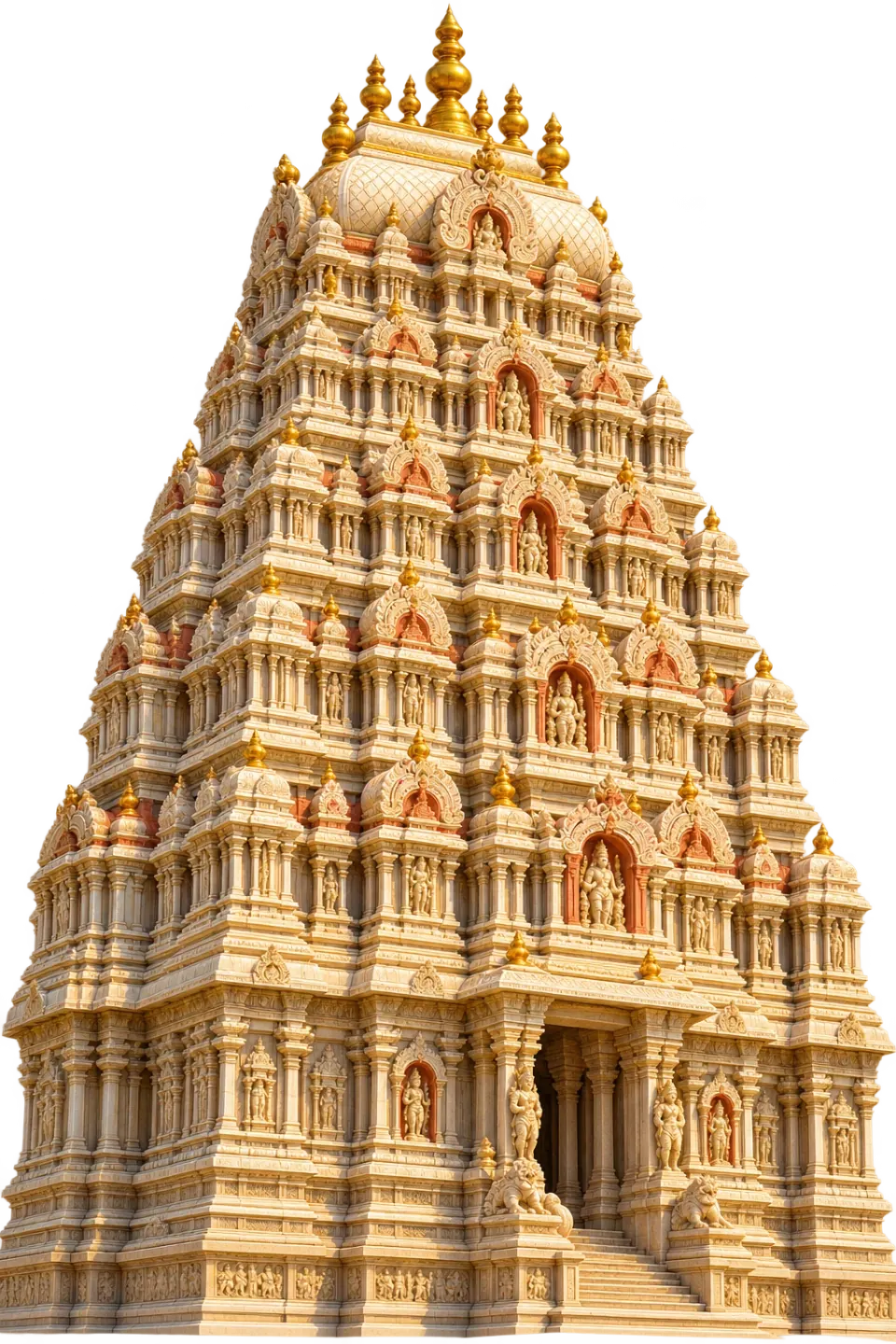 An ivory and gold South Indian temple with intricate stone carvings and golden finials