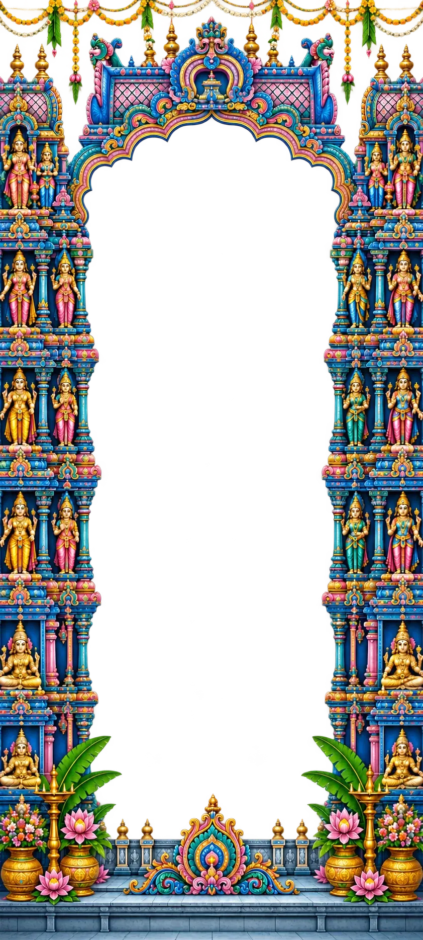 An ornate painted temple arch framing the wedding invitation