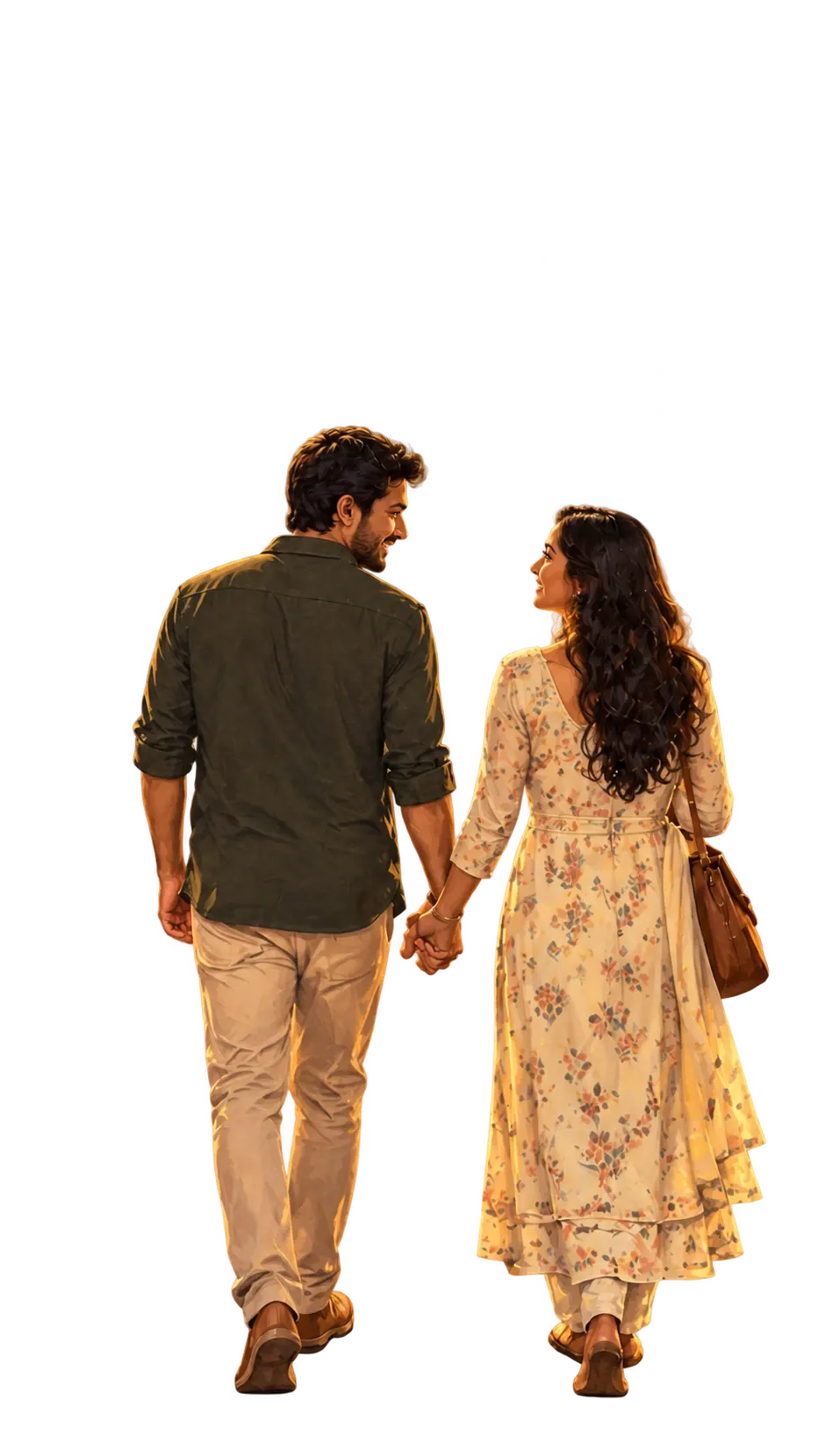 A couple holding hands and walking towards Charminar